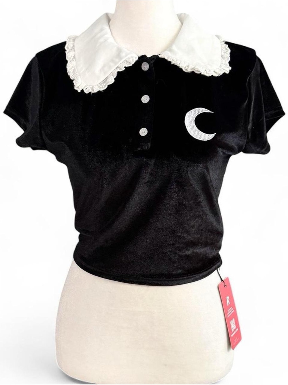 NWT ROMWE Black Velvet Moon Embroidered Crop Top Peter Pan Collar Size S
